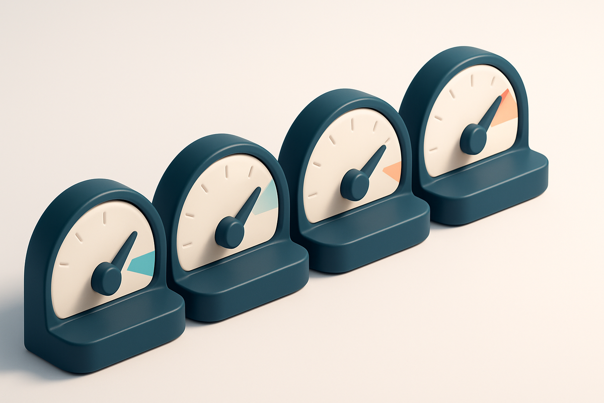 a row of four gauges, each with a different reading: low, medium, high, and very high