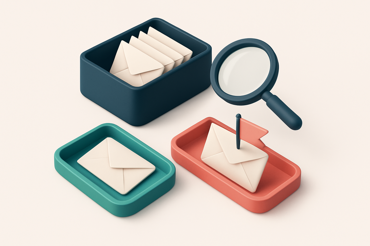 An isometric email inbox with envelopes being sorted onto a green 'valid' tray and a red 'invalid' tray, a magnifying gl