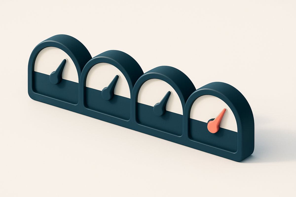 a row of four gauges indicating validation success rates