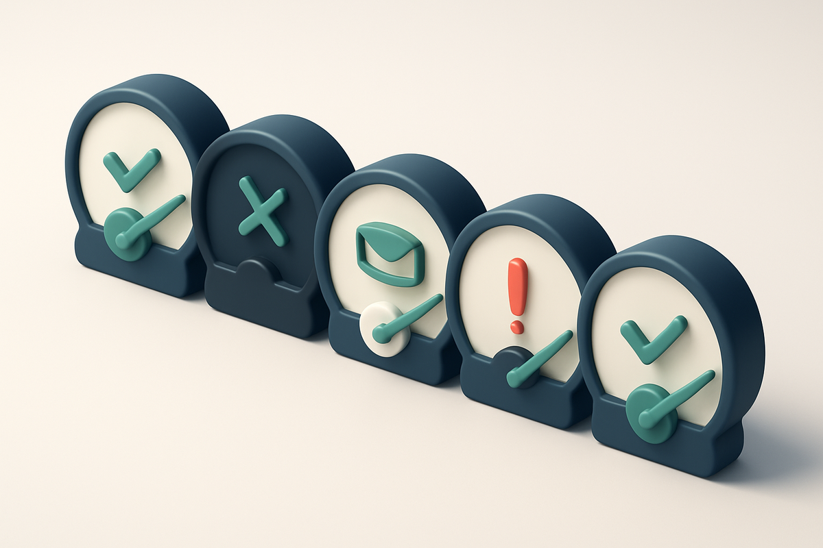 a row of five gauges showing valid, invalid, catch-all, risky, and valid statuses