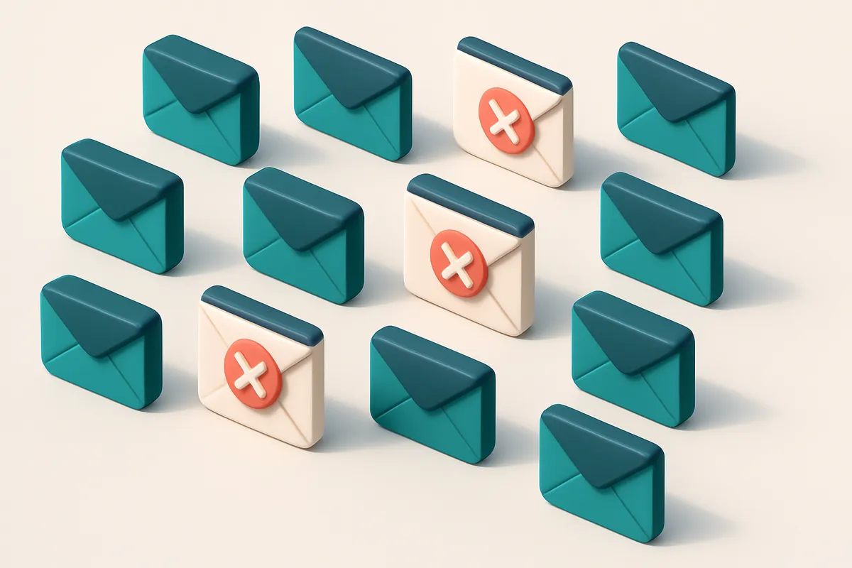 a grid of envelope icons, with some showing red X marks