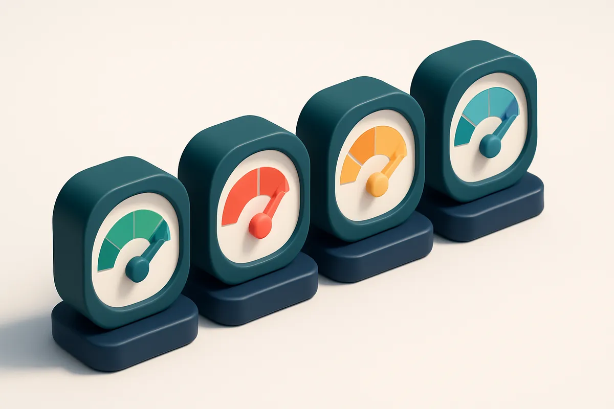 a row of four gauges, each showing a different response status: green (valid), red (invalid), yellow (risky), blue (catc