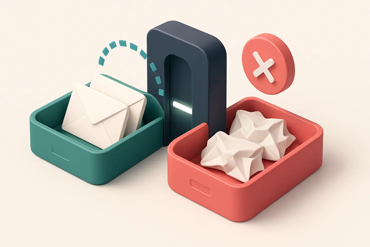 an isometric email inbox split into two sections: one green tray labeled 'valid' with crisp envelopes, one red tray labe