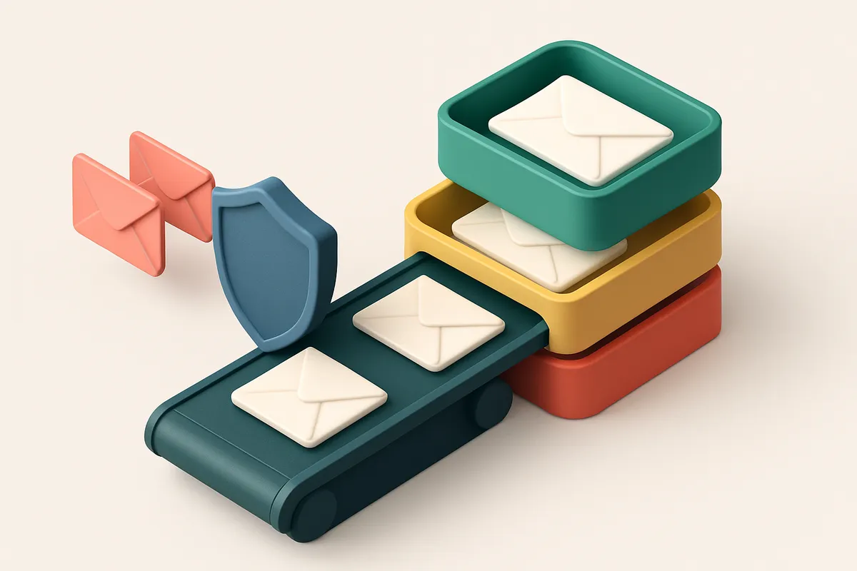 an isometric email inbox split into three zones: a green 'Valid' tray, a red 'Invalid' tray, a yellow 'Risky' tray, with