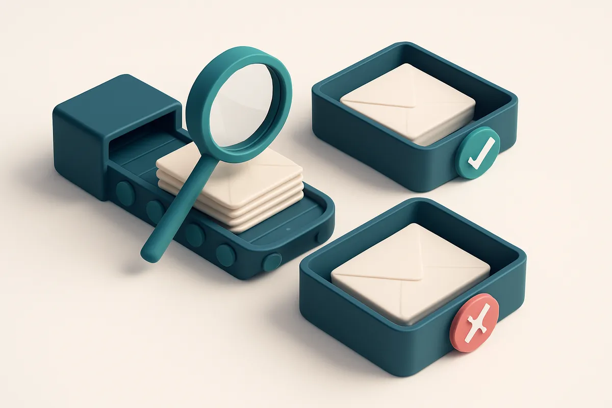 An isometric email inbox with a conveyor belt delivering envelopes into two trays—one labeled 'Valid' with a green check