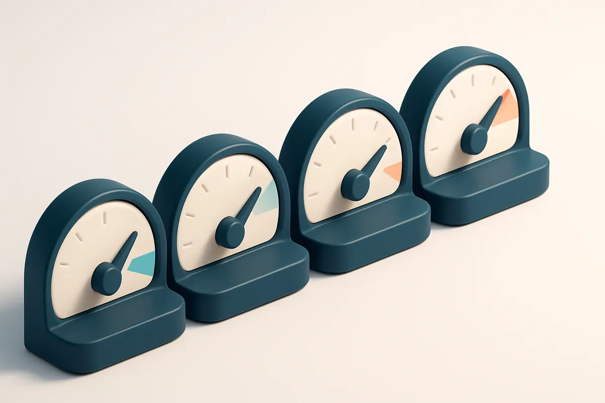 a row of four gauges, each with a different reading: low, medium, high, and very high