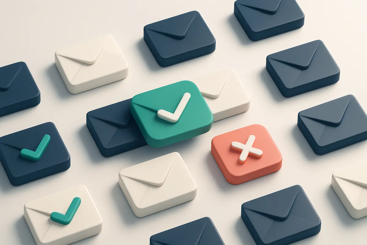 a grid of envelope icons with checkmarks on some, red Xs on others