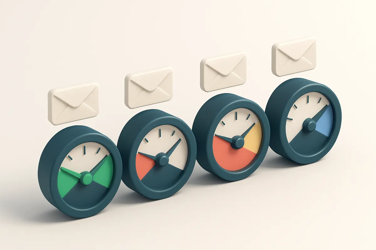 a row of four gauges showing email validation status: green (valid), red (invalid), yellow (risky), blue (catch-all)