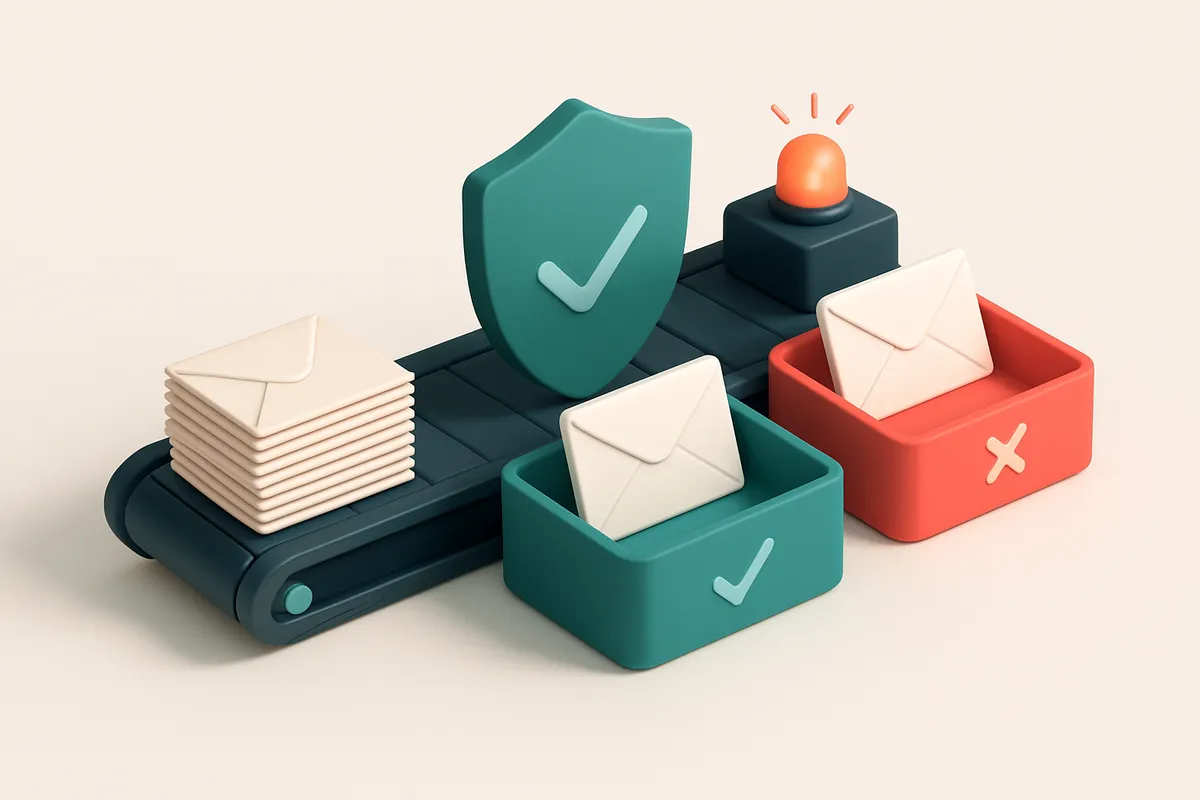 an isometric illustration of a publishing house's email system: a conveyor belt fed by a stack of paper envelopes labele