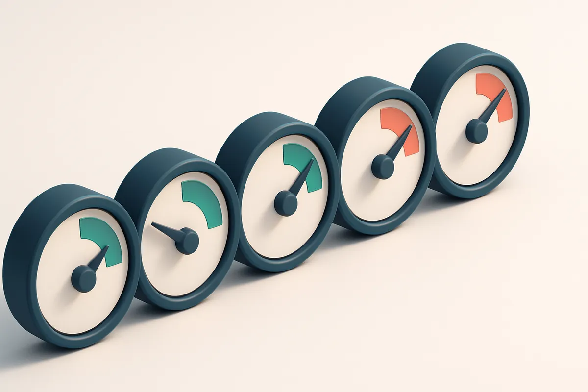 a row of five gauges with varying needle positions, each labeled with a risk level