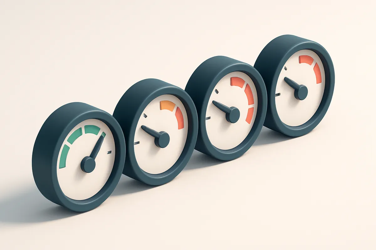 a row of four gauges with different color indicators (green, yellow, red, orange)
