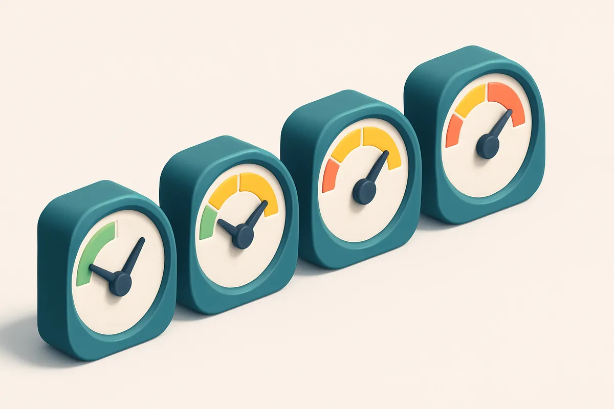 A row of four gauges with different levels of red, yellow, and green indicators