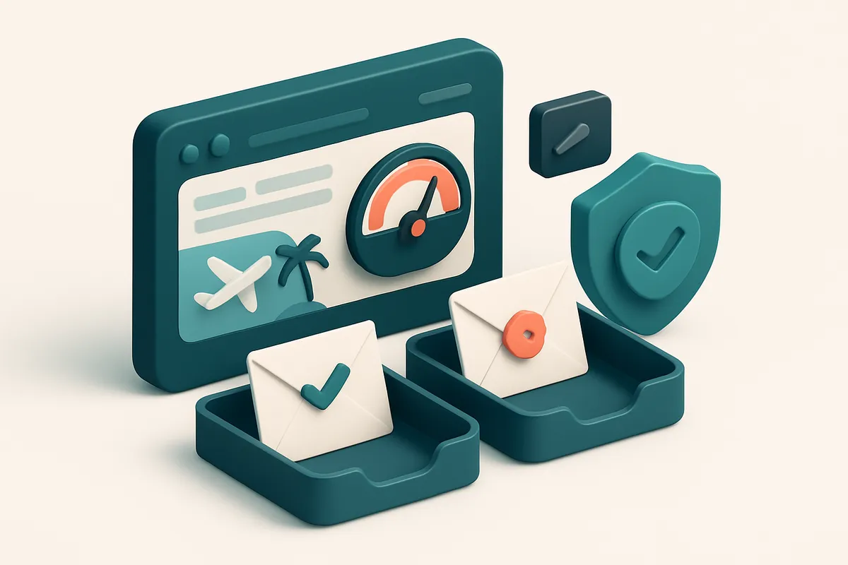 an isometric illustration of a digital travel booking dashboard with envelopes labeled 'valid' and 'invalid' sorting int