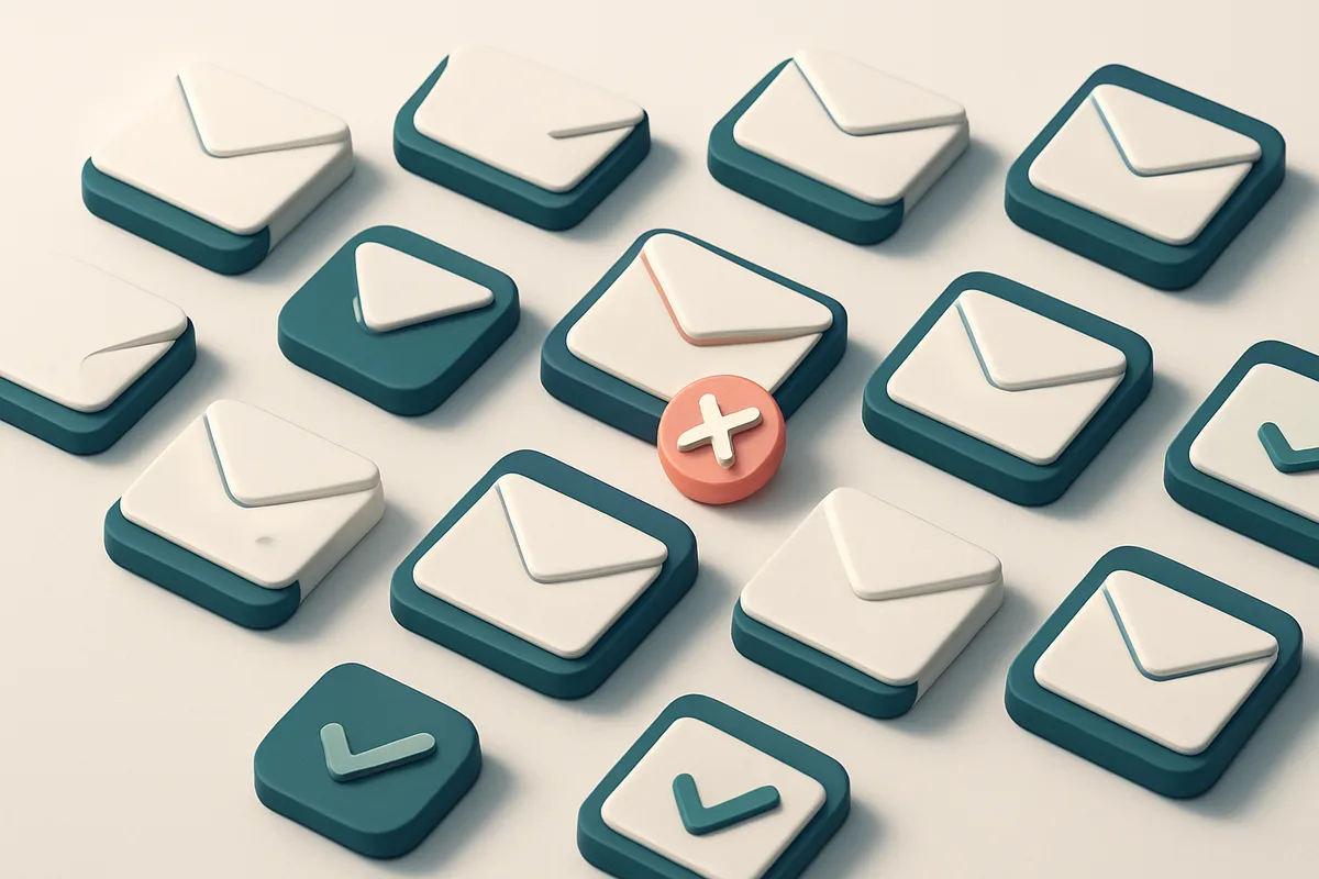 a grid of envelope icons with checkmarks and red Xs