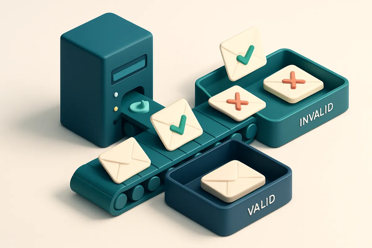 An isometric construction site with a conveyor belt carrying labeled envelopes—some with green checkmarks, others with r