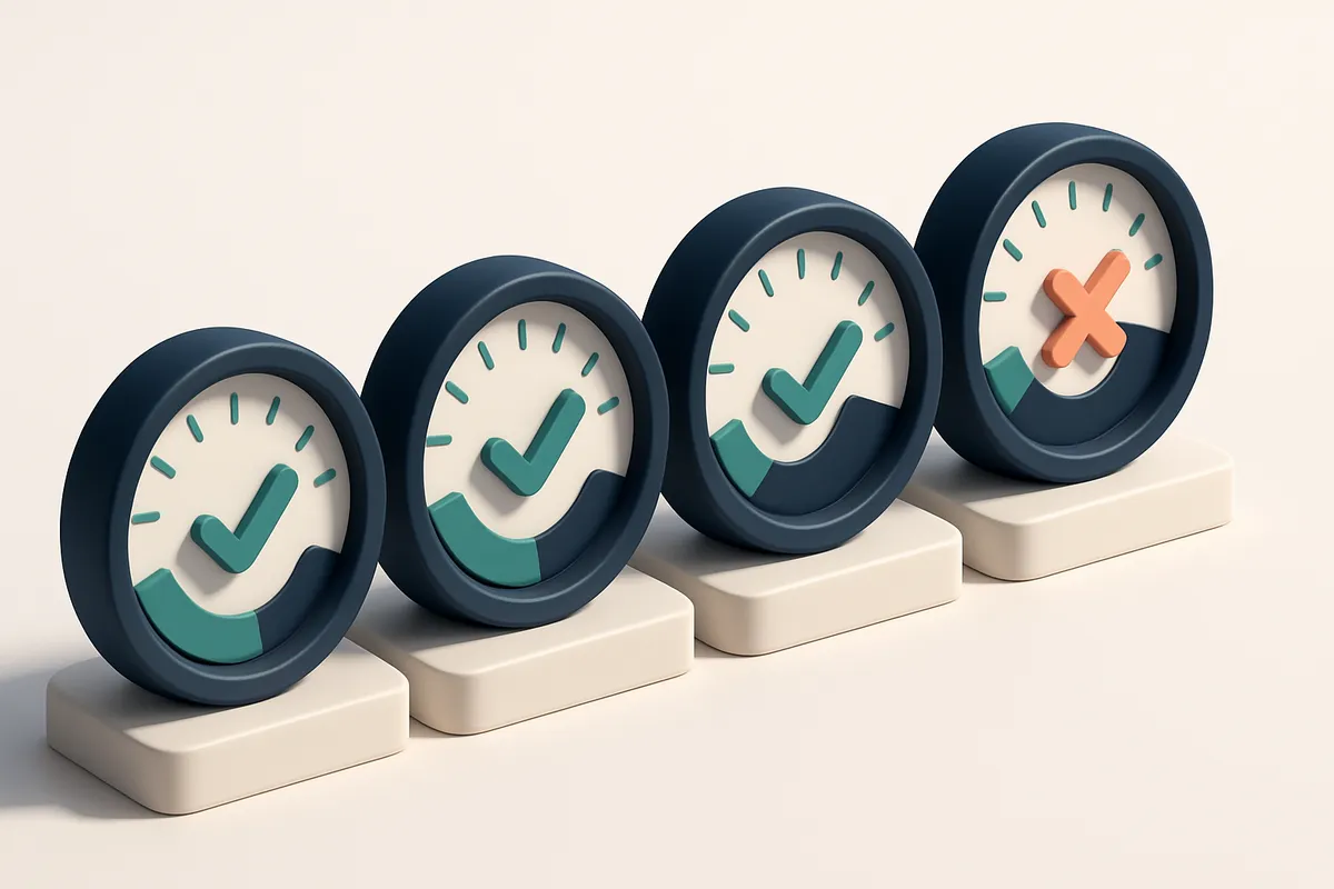 a row of four gauges showing real-time validation status across different stages