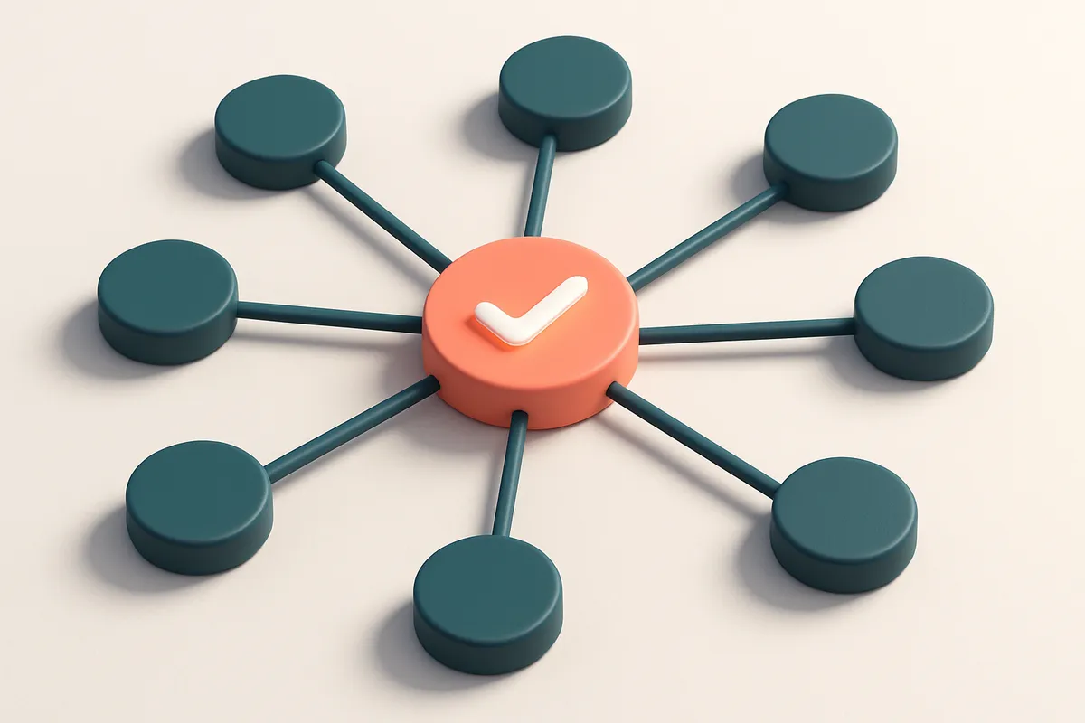 Hero: a network of connected circular nodes, one glowing with a checkmark