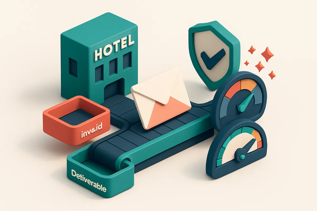 An isometric view of a hotel’s digital operations hub, with a rotating email envelope conveyor belt moving toward a gree