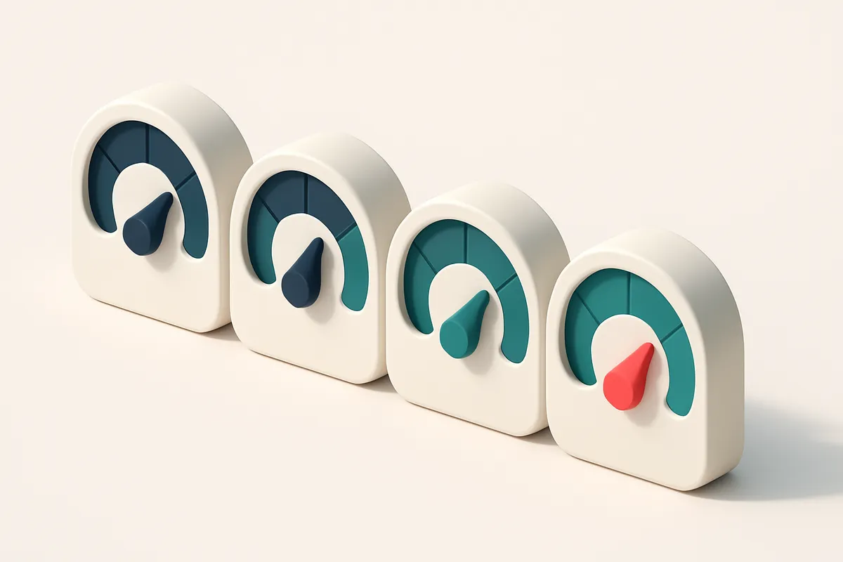 a row of four gauges with varying levels showing validation status