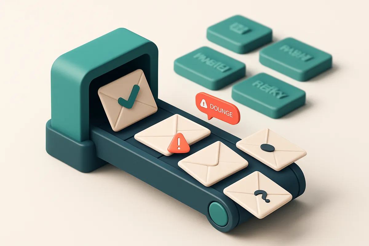 An isometric inbox with envelopes labeled 'valid', 'invalid', 'catch-all', and 'risky' being sorted through a conveyor b
