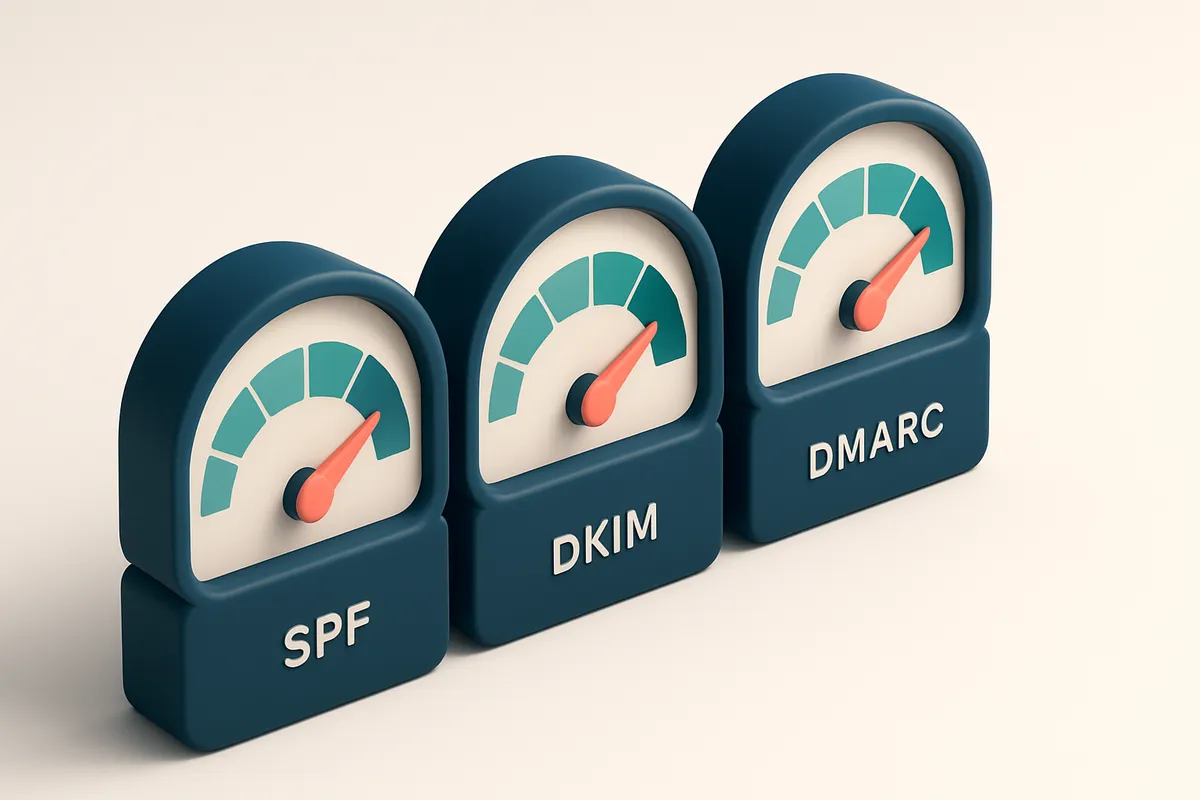 a row of three gauges labeled SPF, DKIM, DMARC