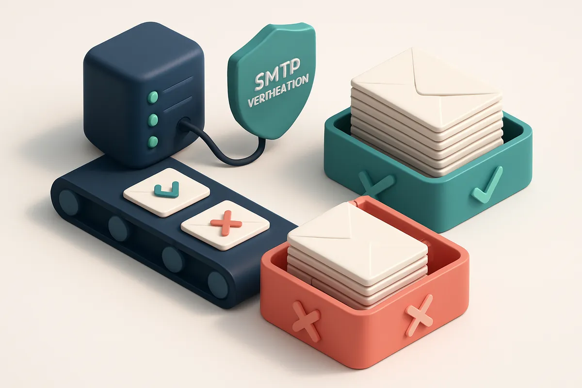 An isometric email inbox with envelopes stacked on a green 'valid' tray and a red 'invalid' tray, a server node connecte