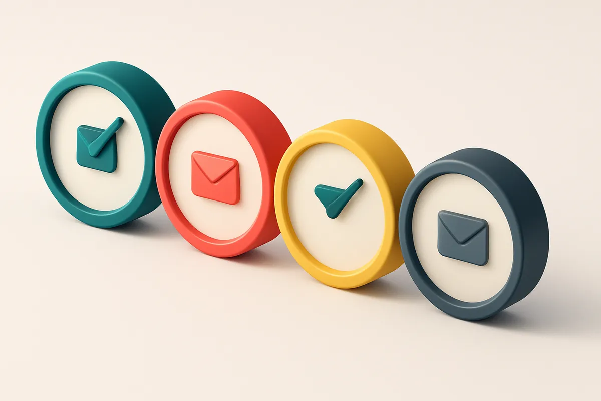 a row of four gauges, each showing a different email validation status: green (valid), red (invalid), yellow (risky), gr