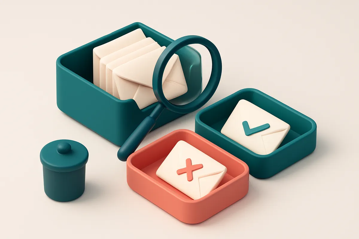 An isometric email inbox with envelopes being sorted onto a green 'valid' tray and a red 'invalid' tray, a magnifying gl
