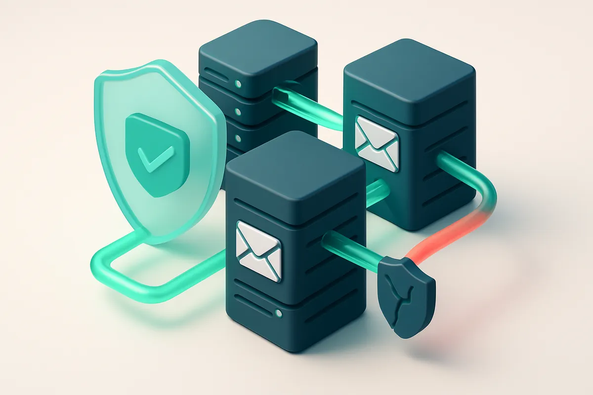 an isometric email server cluster with green data streams flowing between machines, surrounded by a transparent shield l