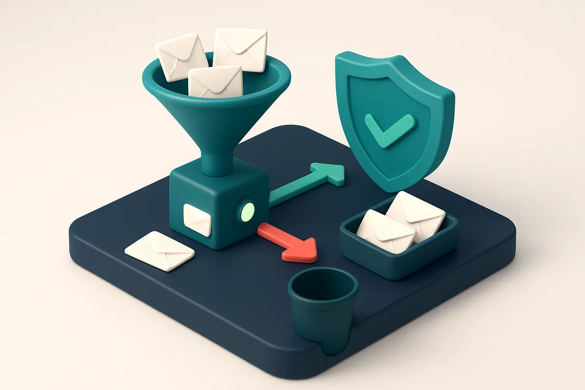 An isometric dashboard showing a funnel of digital envelopes labeled 'Prospect List' entering a verification gate, with