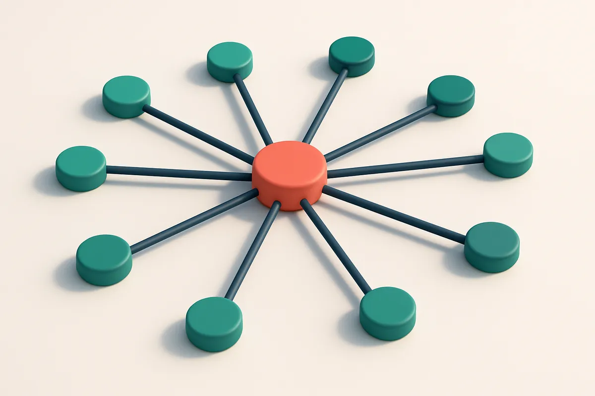 A network of small circular nodes connected by lines with a single red node at the center
