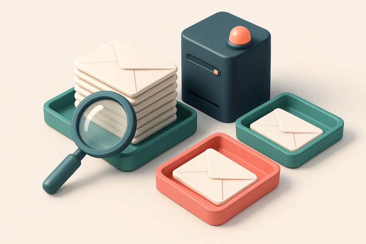 An isometric email inbox with envelopes being sorted onto a green 'valid' tray and a red 'invalid' tray, a magnifying gl