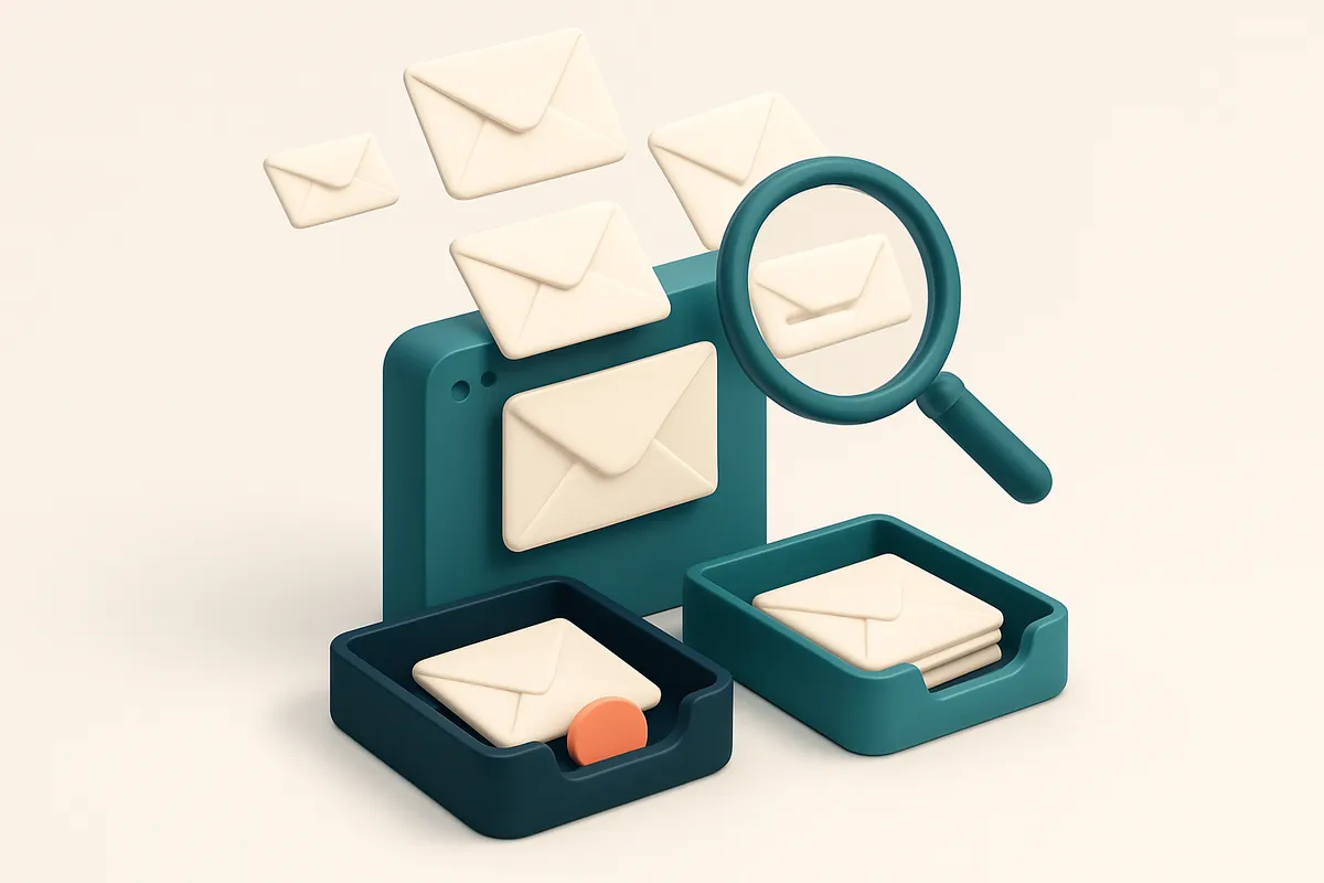 an isometric email inbox with envelopes flying in from the top, some being rejected into a red 'invalid' bin, others cle