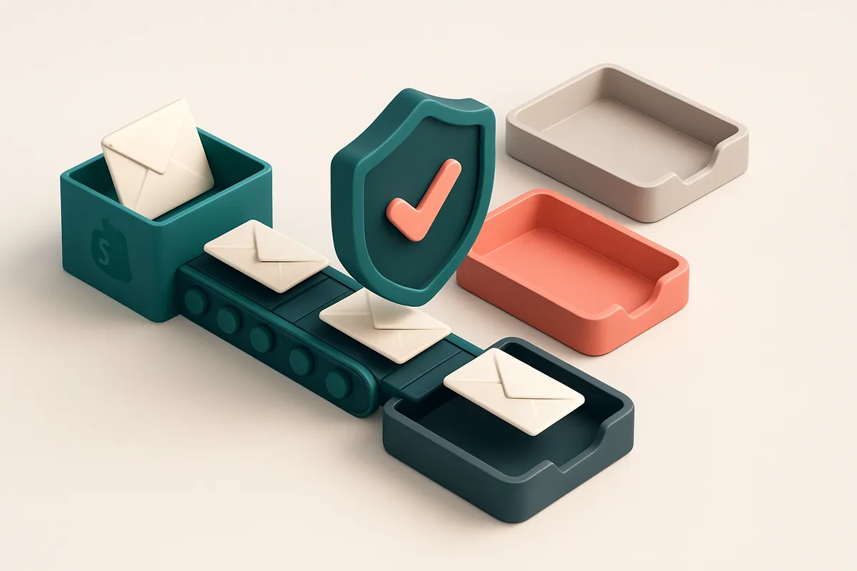 An isometric illustration of a green conveyor belt moving email envelopes from a Shopify store box, through a shield lab