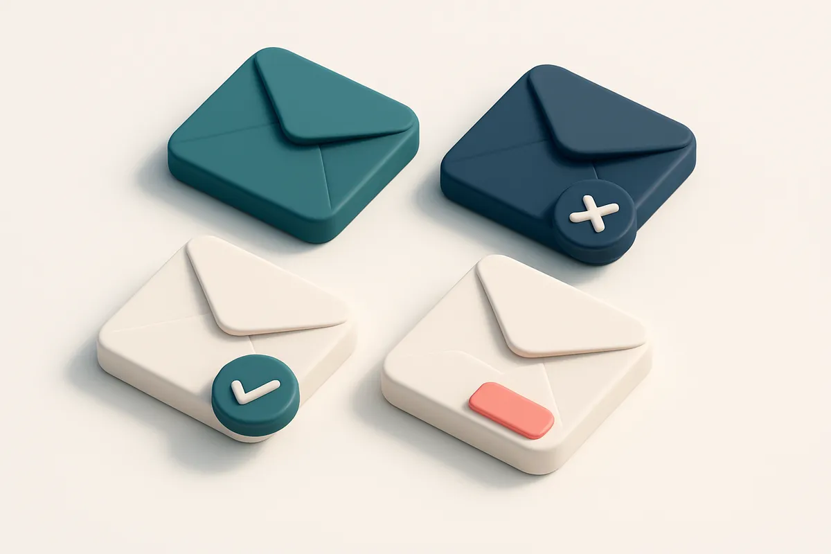 A grid of envelope icons, each with a different status: one with a checkmark (valid), one with an 'X' (invalid), one wit
