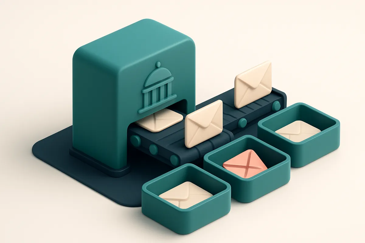 An isometric depiction of a government email server room with a conveyor belt moving envelopes labeled 'valid,' 'catch-a