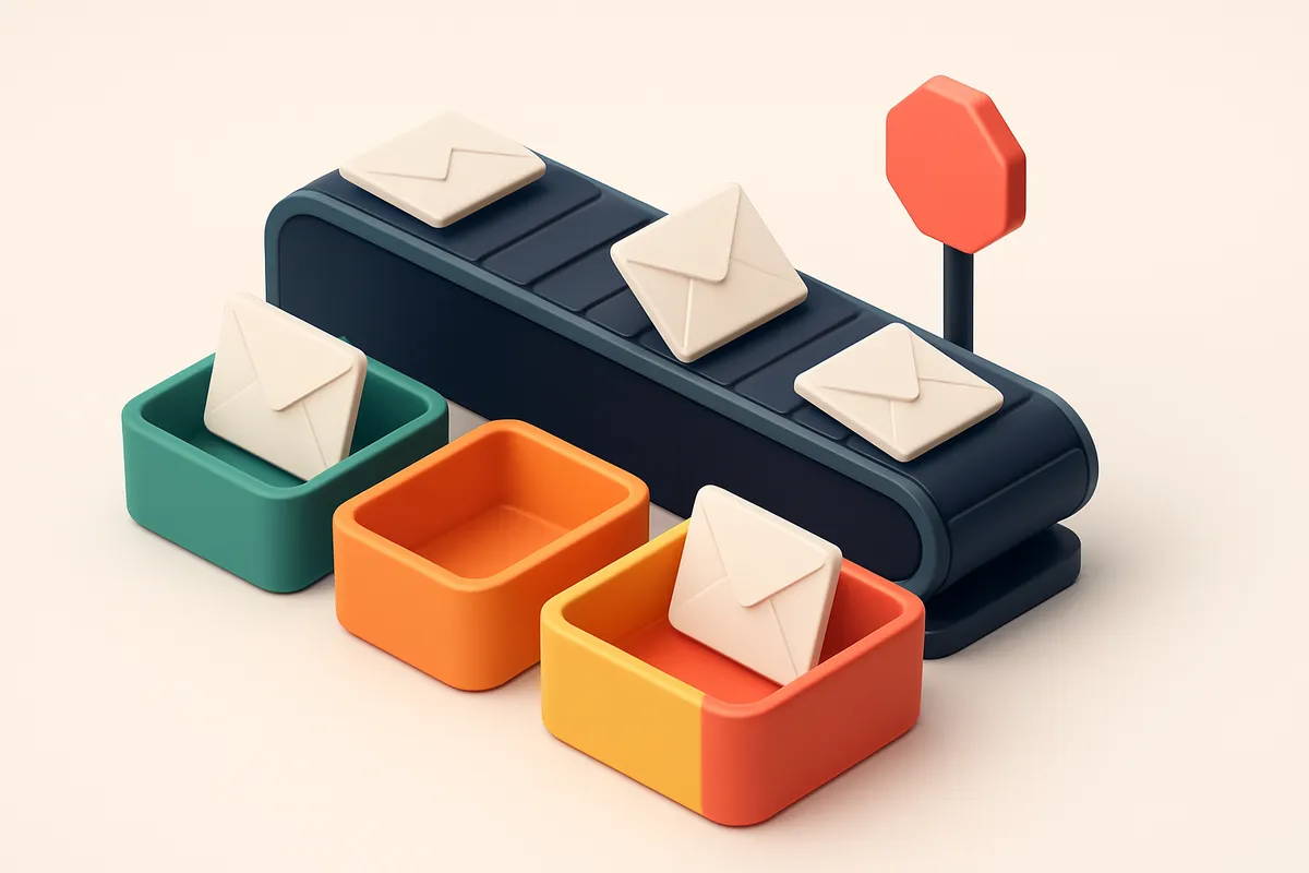 An isometric warehouse scene with a conveyor belt moving email envelopes labeled 'Valid', 'Catch-all', 'Invalid', and 'R