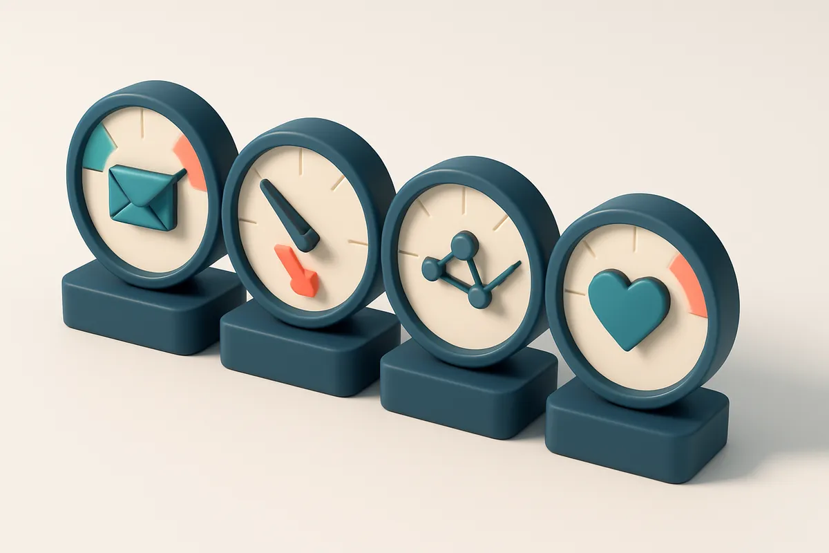 a row of four gauges showing inbox delivery, bounce rate, sender reputation, and list health