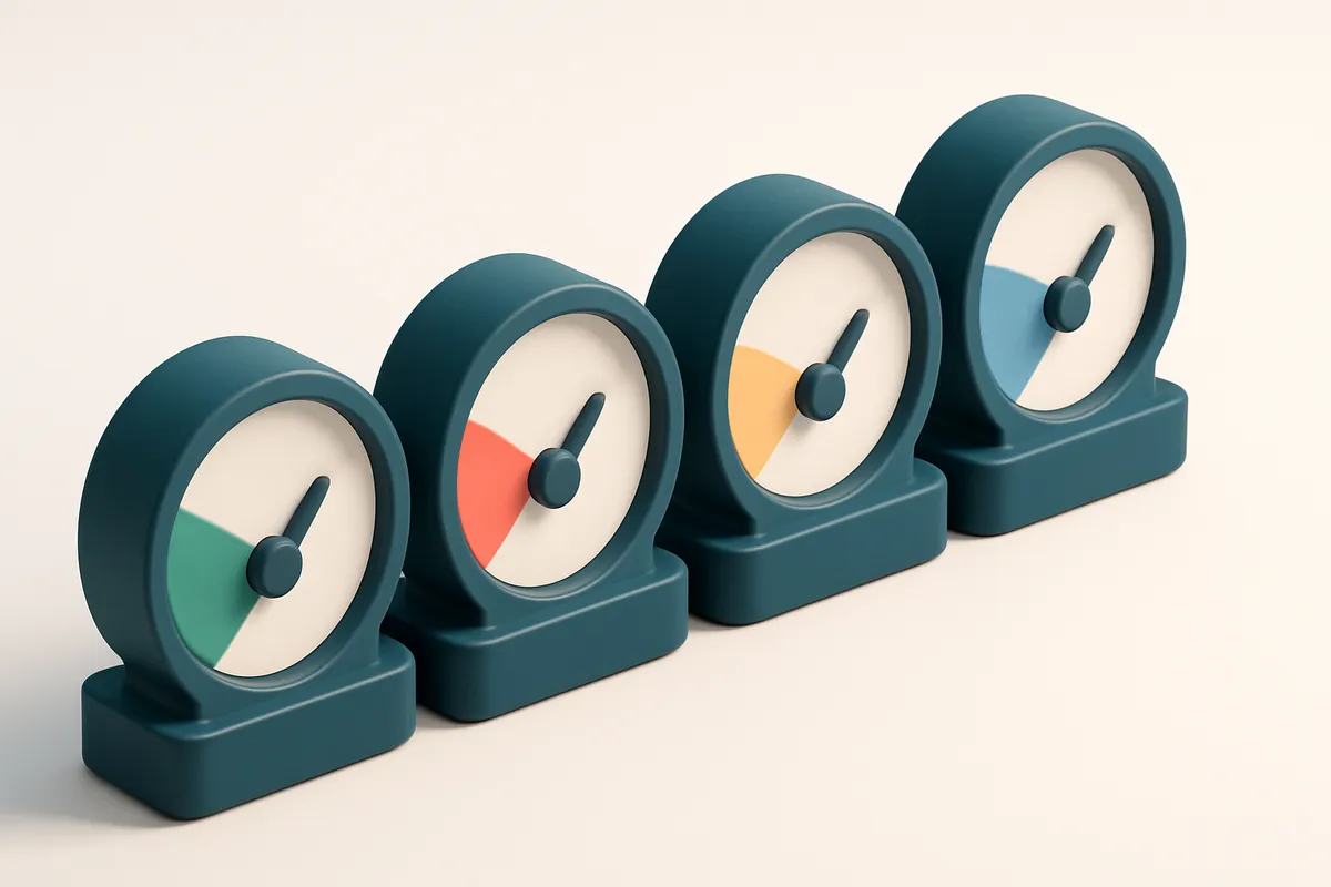 A row of four gauges, each showing a different status: green (valid), red (invalid), yellow (risky), blue (catch-all)