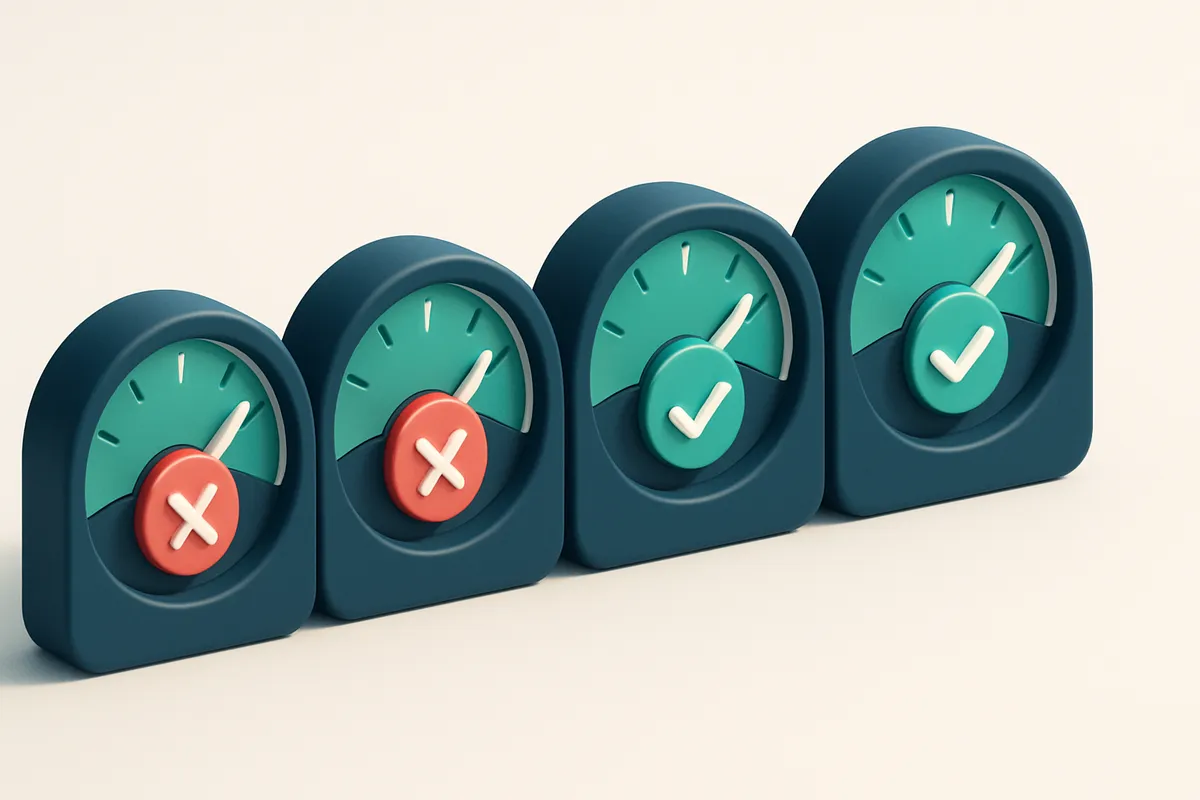 a row of four red and green gauge dials indicating validation status