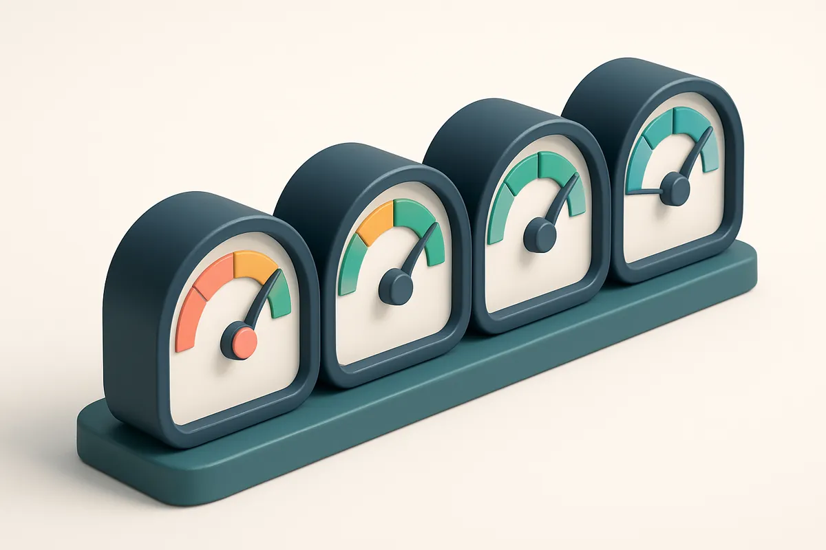 a row of four gauges with red, yellow, green, and blue indicators