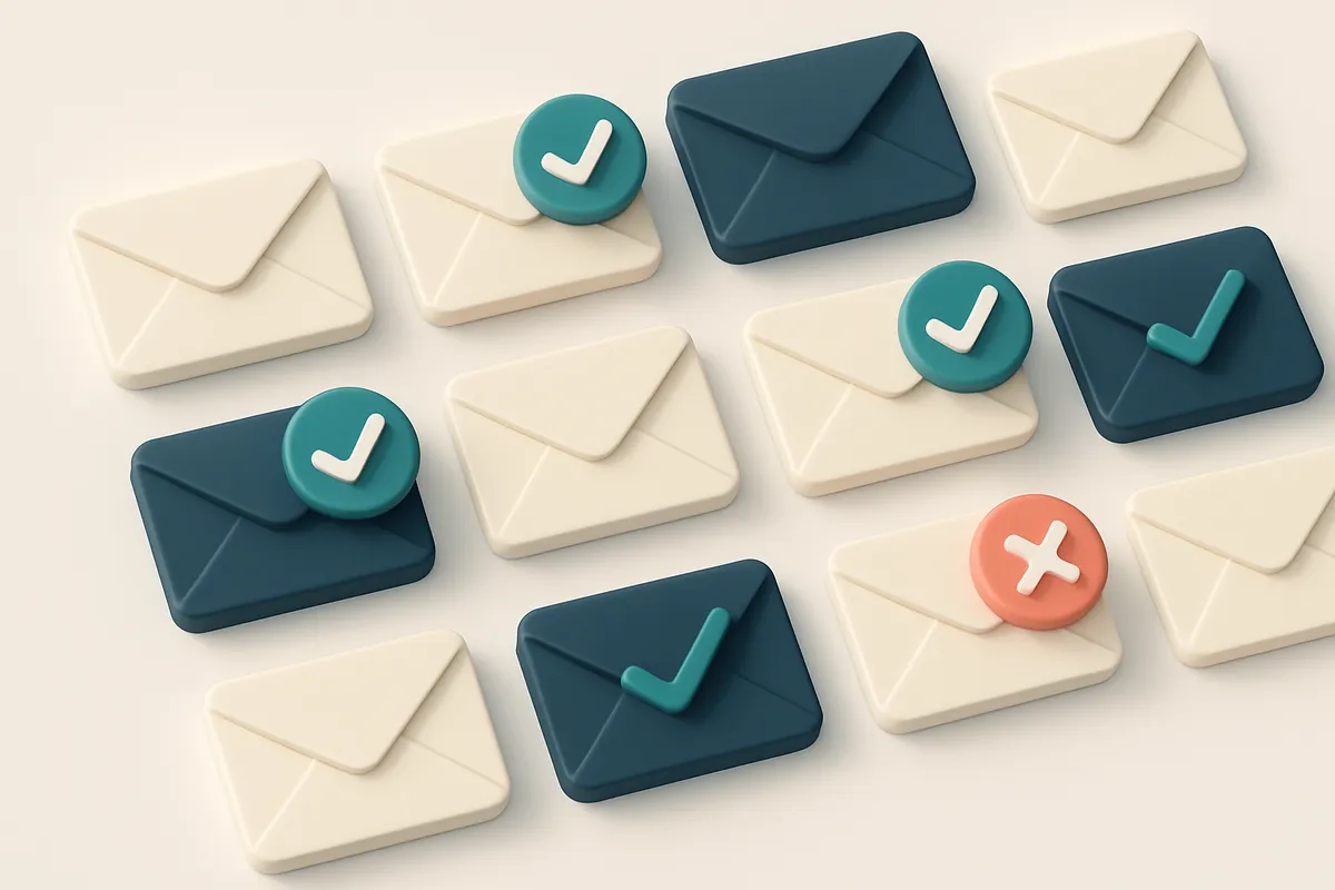 a grid of envelope icons, each with a checkmark or red X