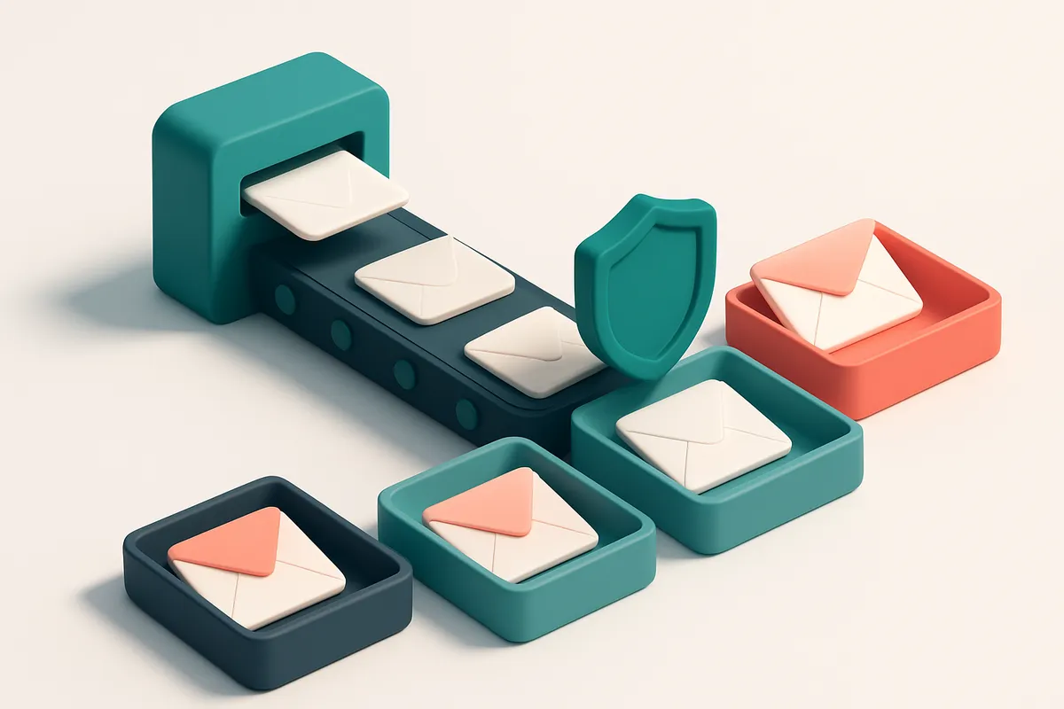 An isometric email inbox with a conveyor belt feeding envelopes labeled 'invalid', 'catch-all', 'risky', and 'valid'—eac
