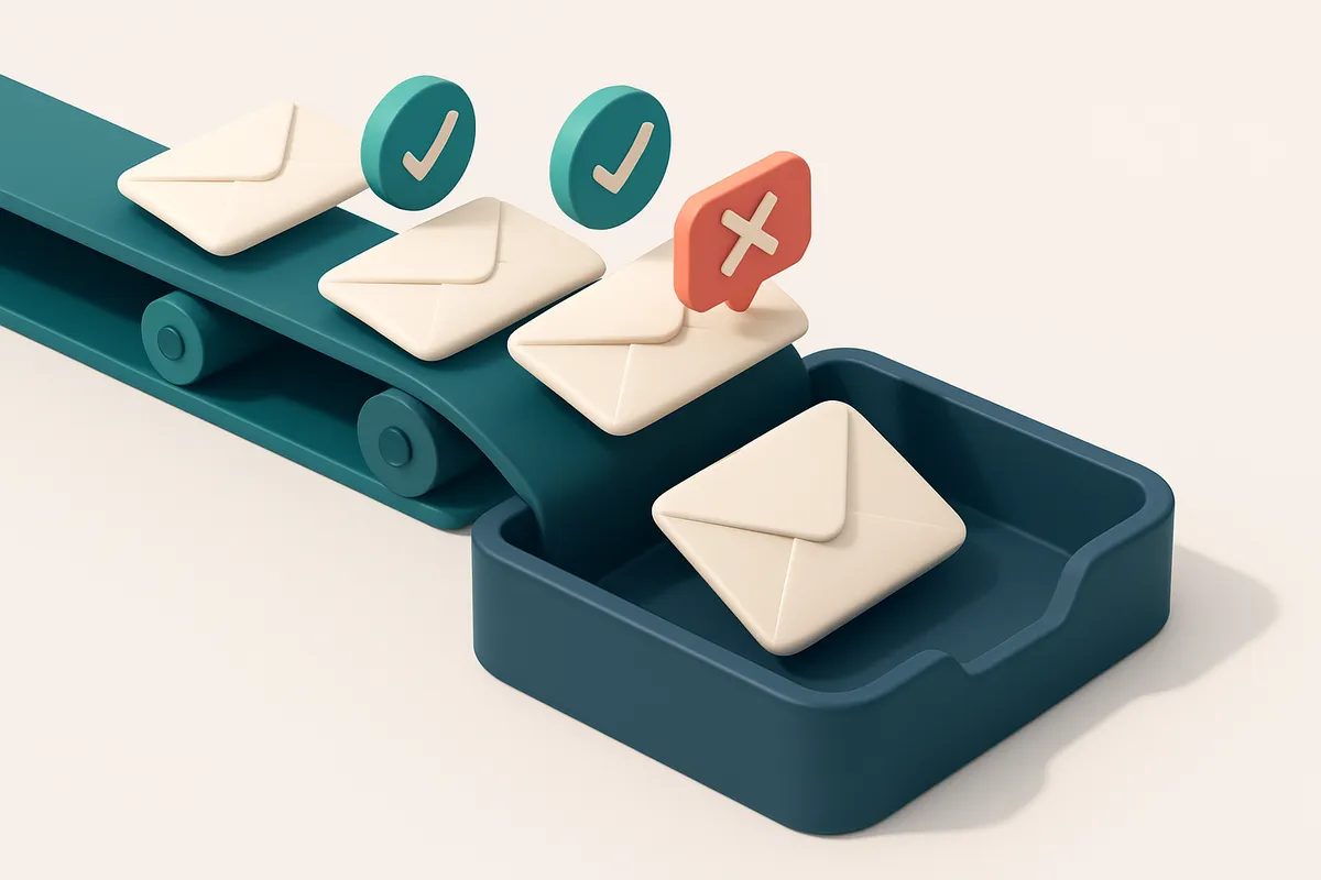 An isometric email inbox receiving envelopes from a conveyor belt labeled 'list', with green checkmarks on valid emails,