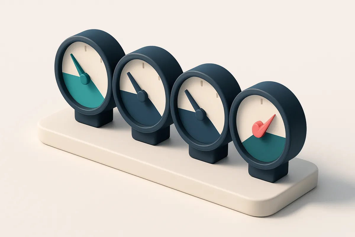 a row of four gauges with differing needle positions, representing verification status across different email types