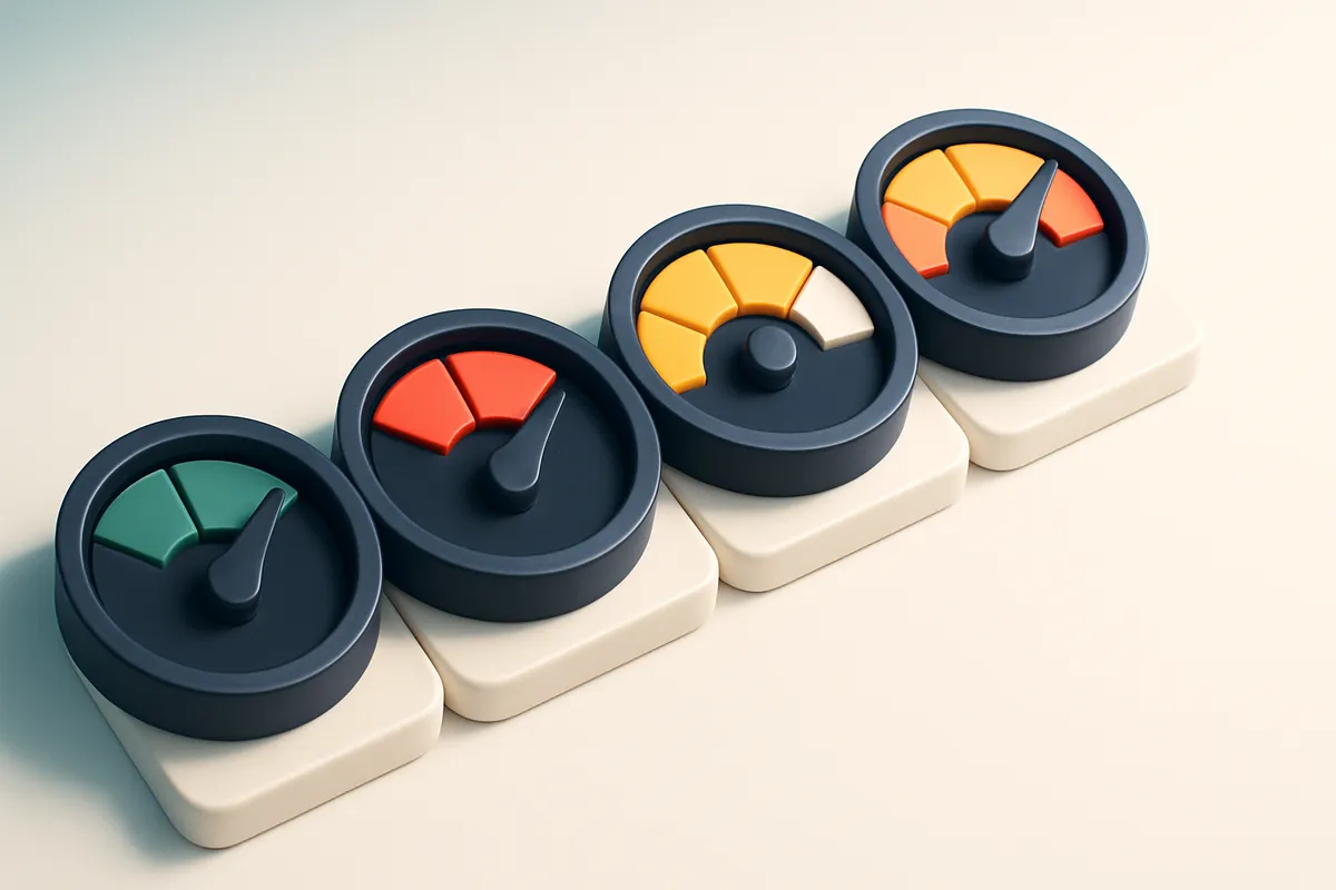 a row of four gauges, each showing a different status: green (valid), red (invalid), yellow (catch-all), orange (risky)