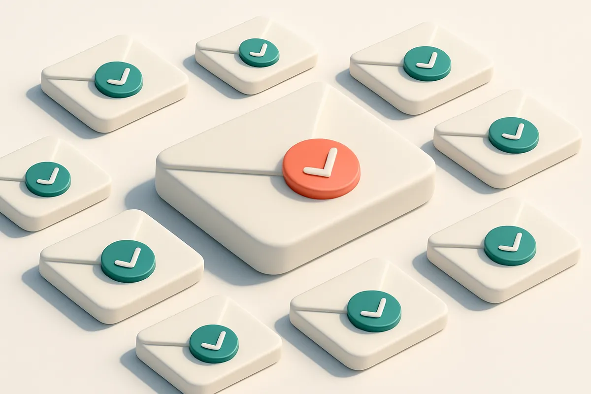 a grid of envelope icons, each with a green checkmark inside