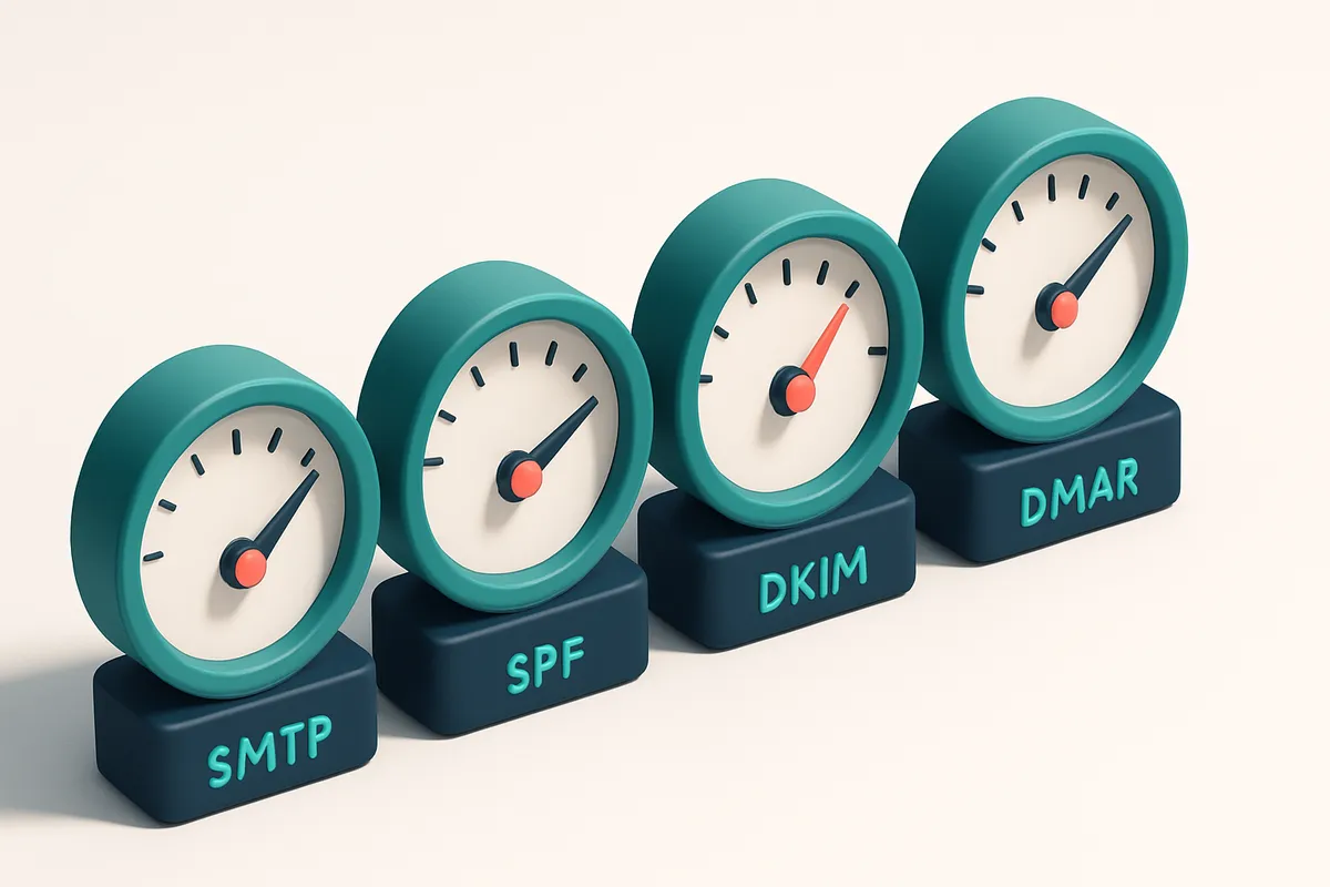 a row of four gauges, each labeled with 'SMTP', 'SPF', 'DKIM', 'DMARC'