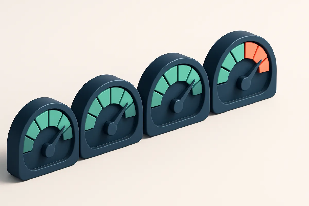 a row of four gauges showing progressive failure rates from 0 to 100%