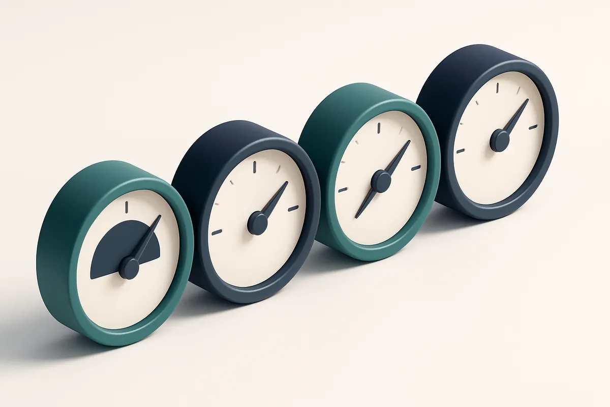 a row of four gauges with different colors